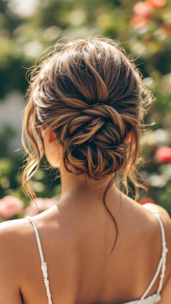 A woman with medium hair styled in an effortless half-up bun, featuring loose strands framing her face.
