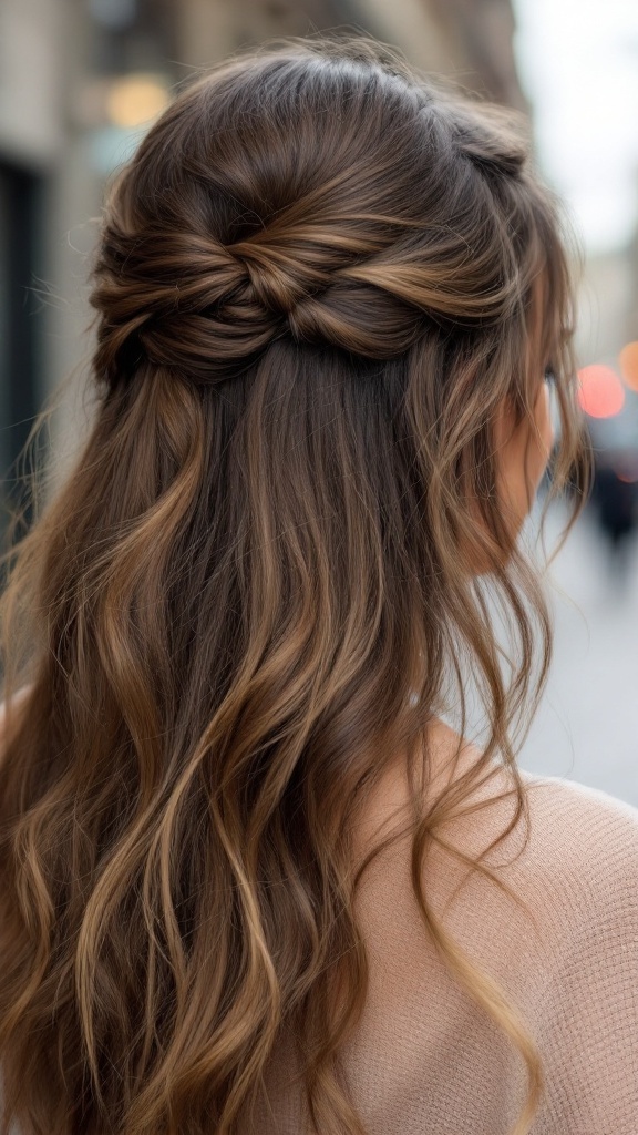 A woman with wavy hair styled in a side part half up half down hairstyle, featuring elegant twists at the back.