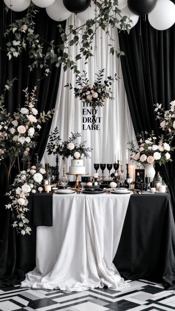 A beautifully arranged bridal shower table in black and white theme, featuring floral decorations, candles, and elegant tableware.