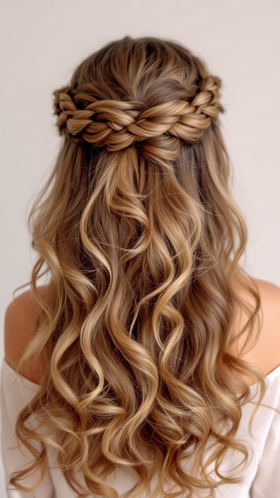 A close-up of a half-up, half-down wedding hairstyle featuring a braided crown and cascading curls.