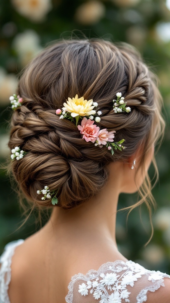 Elegant braided updo hairstyle adorned with flowers