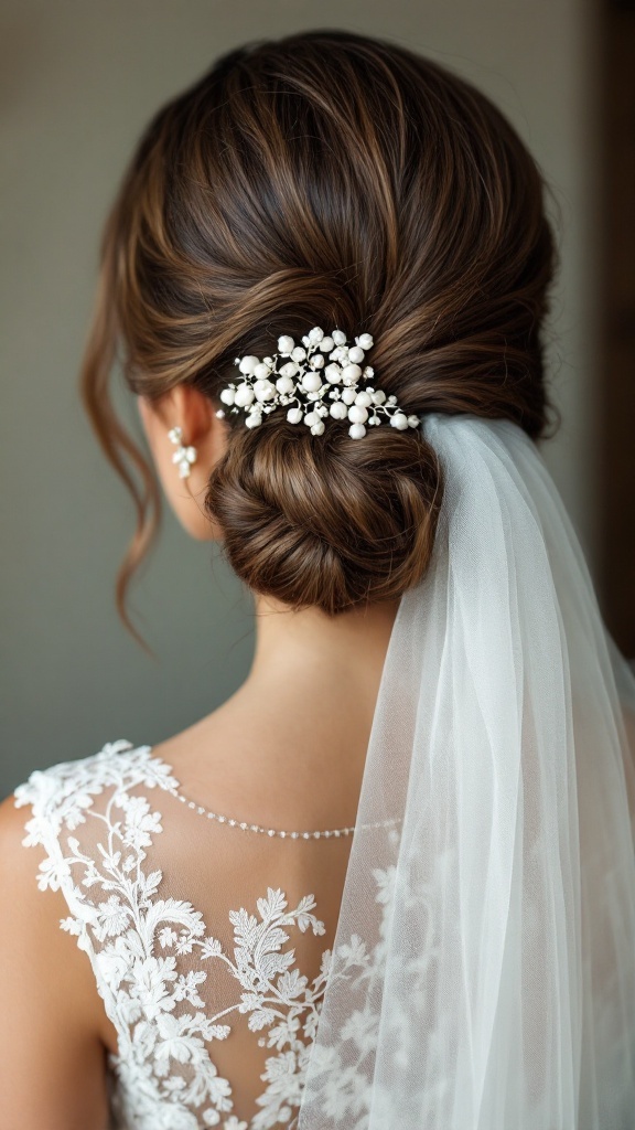 A bride's elegant chignon hairstyle with a side sweep and floral hairpiece, complemented by a veil.