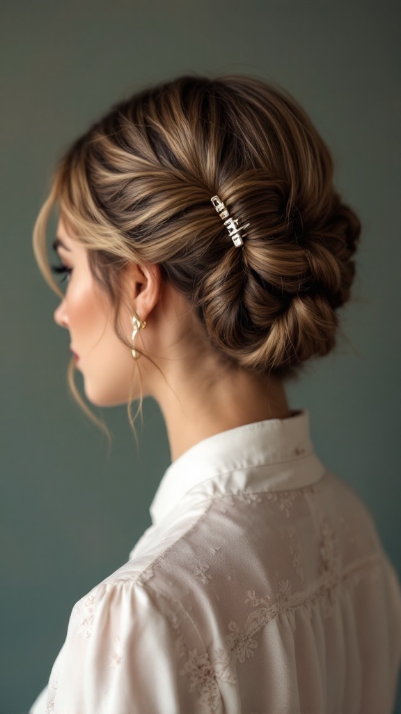 A stylish woman with short hair styled in a twist, secured with a claw clip.