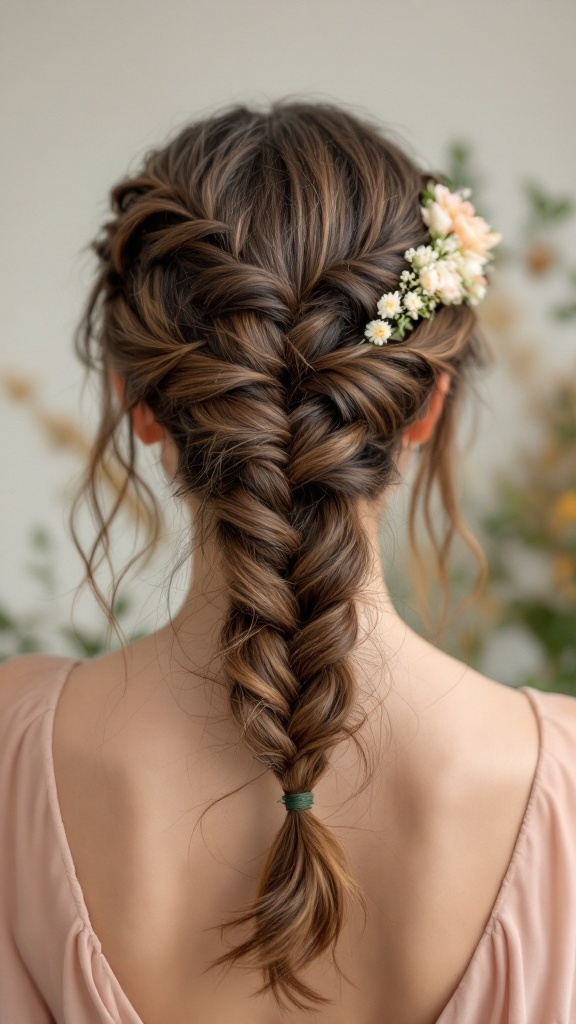 A woman with a fishtail braid styled in a half-up manner, adorned with small flowers.