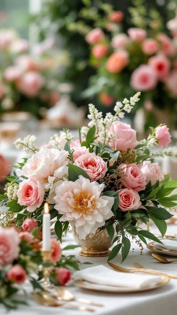 Floral centerpieces featuring pink roses and peonies in gold vases, with candles on a beautifully set table.
