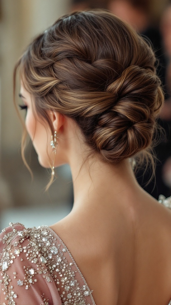 A woman with a polished French Twist hairstyle, showcasing elegance.