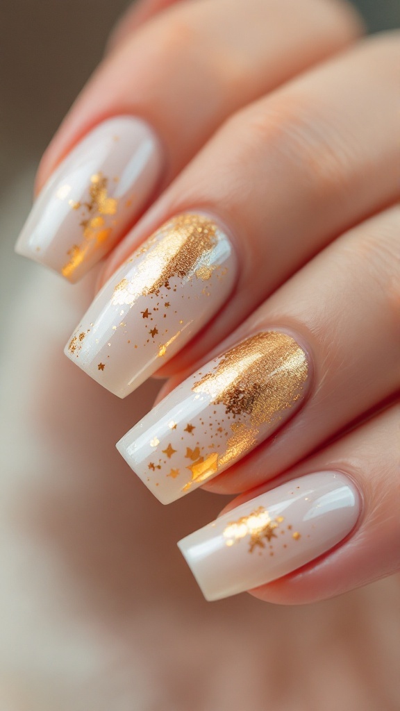 Nails with gold foil accents on a white base, featuring shimmering stars and bold gold strokes.