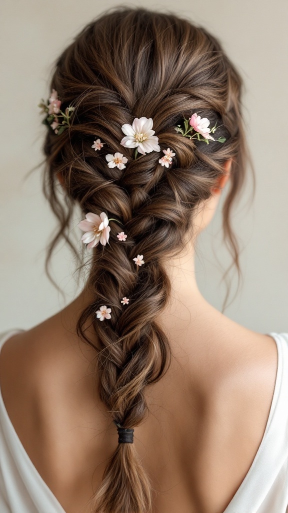 A medium-length hairstyle featuring a half-up braid with flowers, perfect for wedding guests.