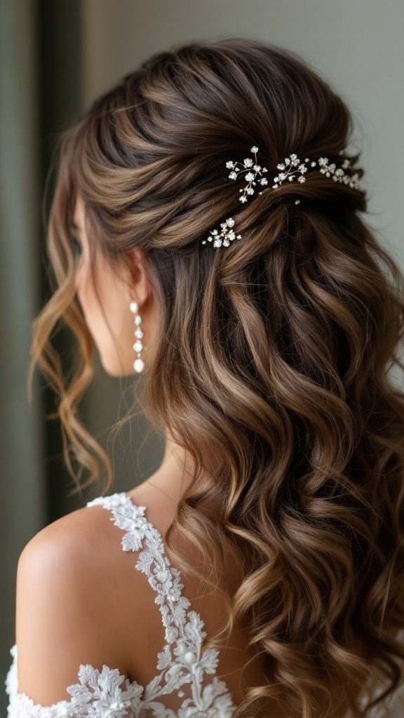 A half-up half-down hairstyle for bridesmaids with curly hair, featuring elegant hairpins and soft curls.