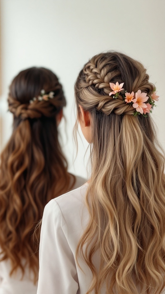 A woman with long hair styled in an elegant half-up twist with flowers.