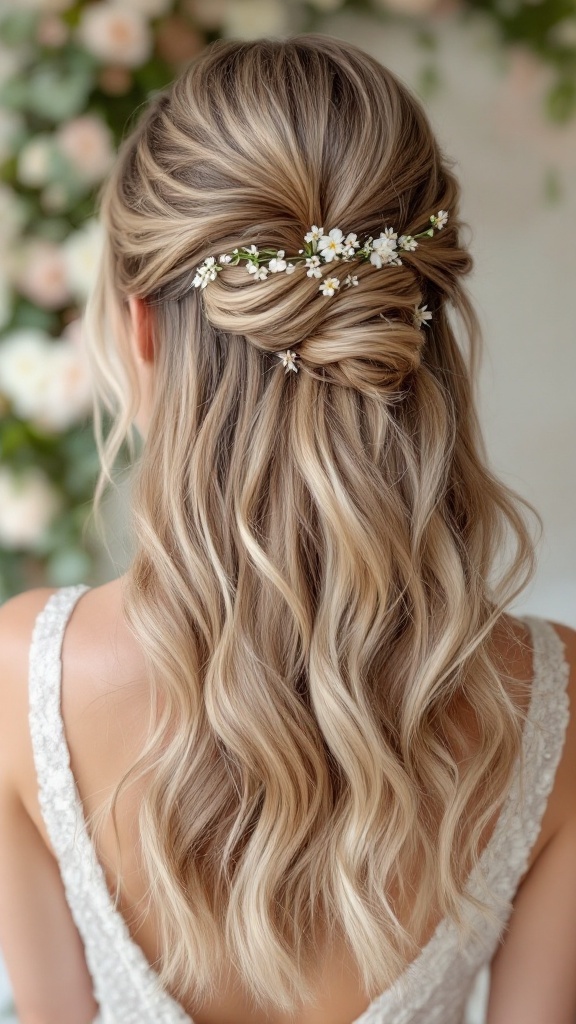 A beautiful half-up hairstyle with soft waves and floral accents.