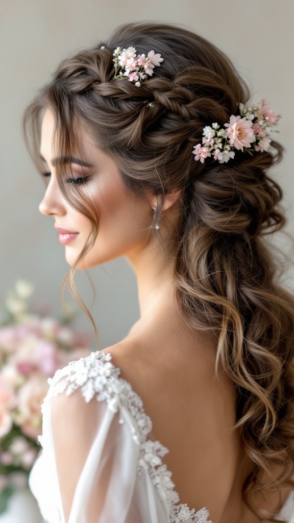 A woman with a half up half down braid adorned with flowers, showcasing an elegant hairstyle for weddings.