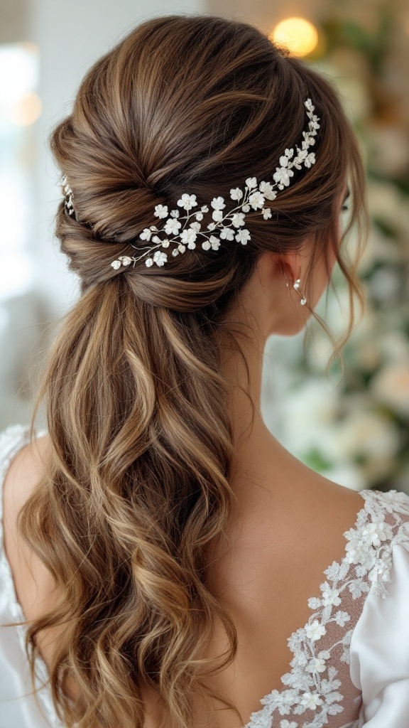 Half up half down ponytail with soft curls and floral accessories, ideal for a wedding.