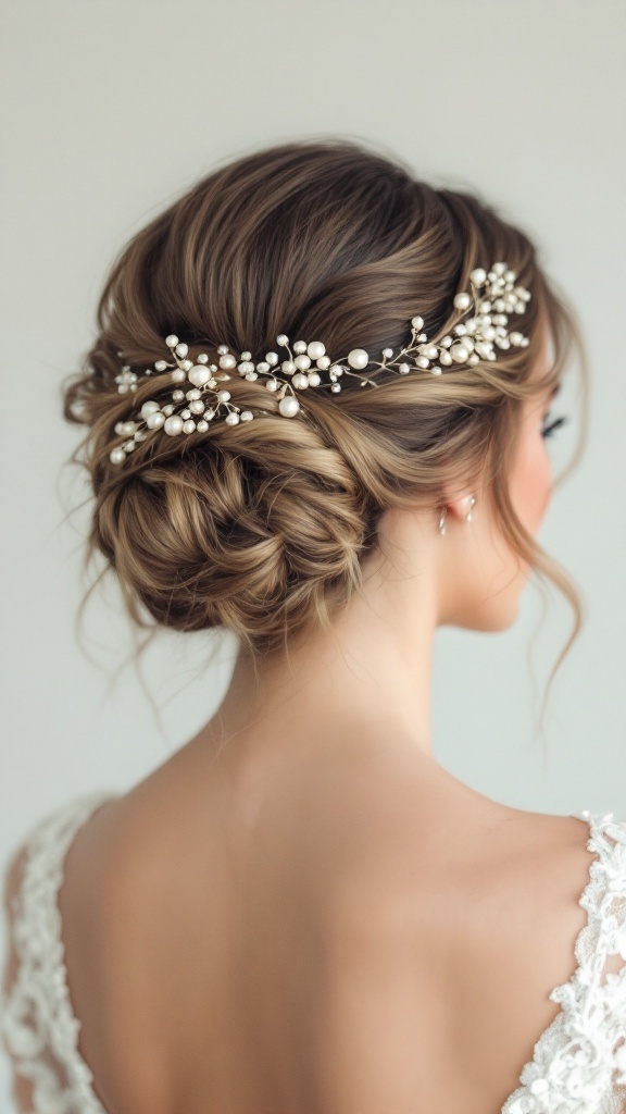 A beautiful half up half down wedding hairstyle adorned with pearls.