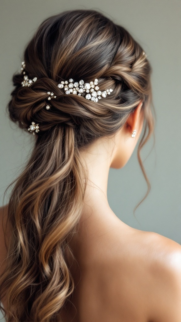 A stylish half up half down hairstyle featuring a twist at the back adorned with sparkling accessories.