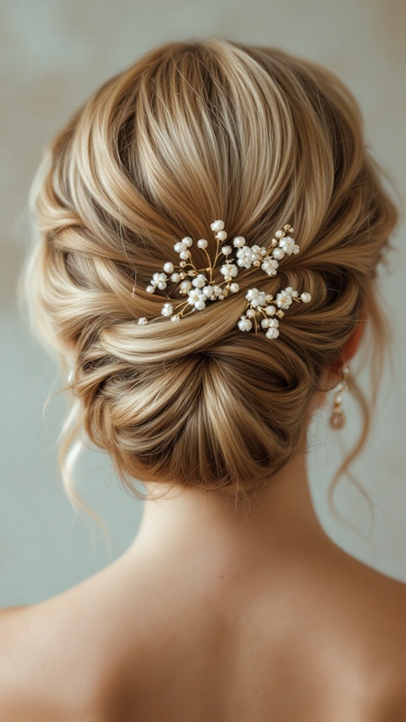 A honey blonde hair updo adorned with delicate floral pins.