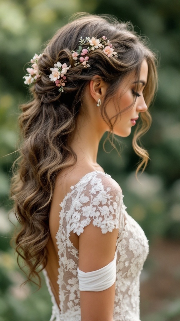 A bridesmaid with loose curls adorned with small floral accents.