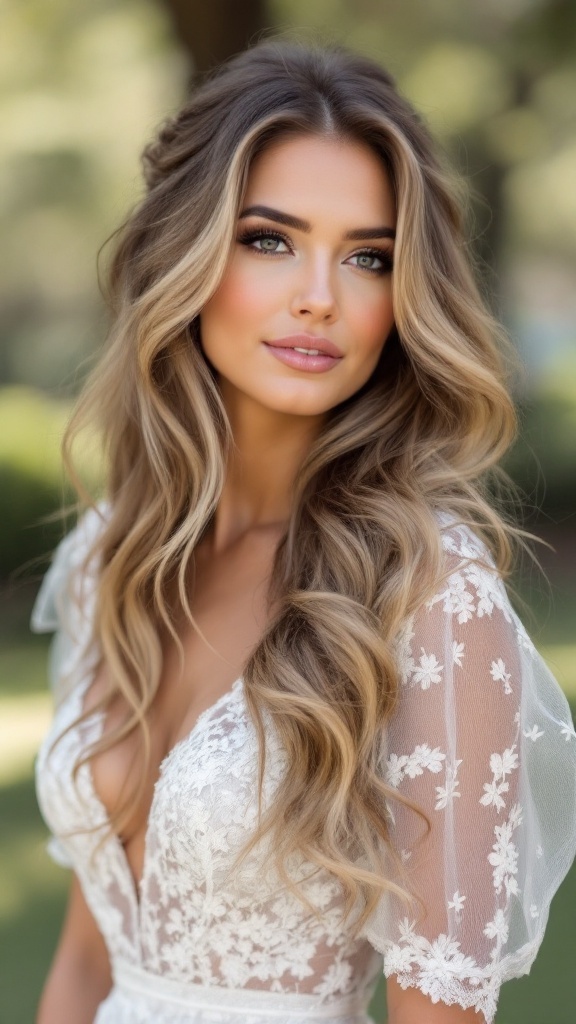 A beautiful woman with long, loose waves and natural makeup, wearing a lace wedding dress.