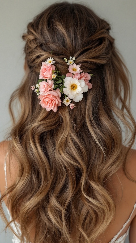 Bridal hairstyle featuring loose waves and floral accents with pink roses and daisies.