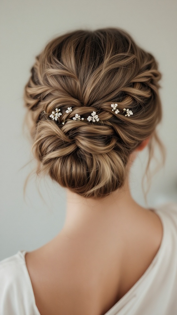 An elegant low bun hairstyle with braided accents and floral pins.