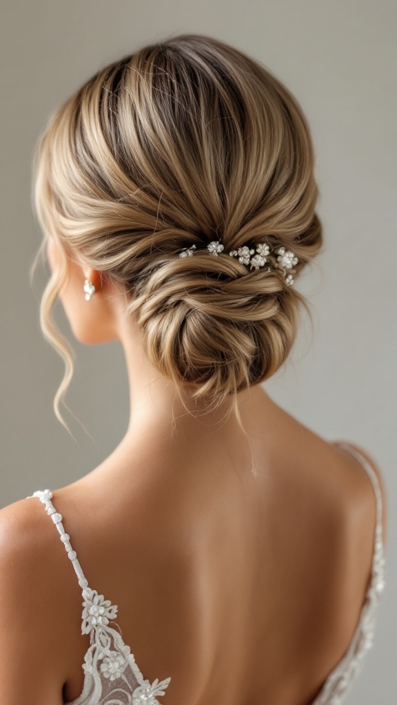 A beautiful low chignon hairstyle with soft curls and elegant hair accessories.
