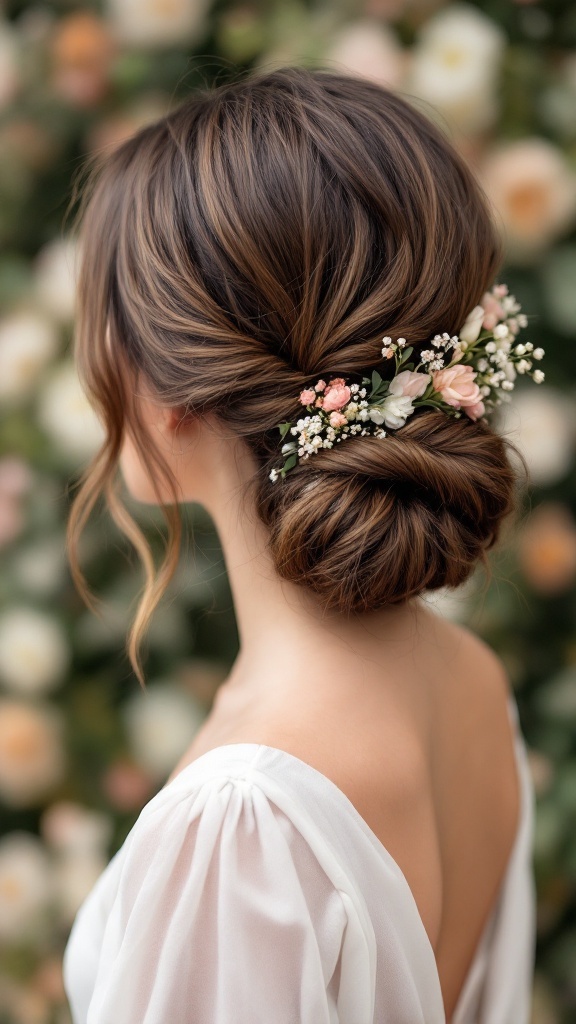 A bride showcasing an elegant low chignon hairstyle with flowers in her hair.