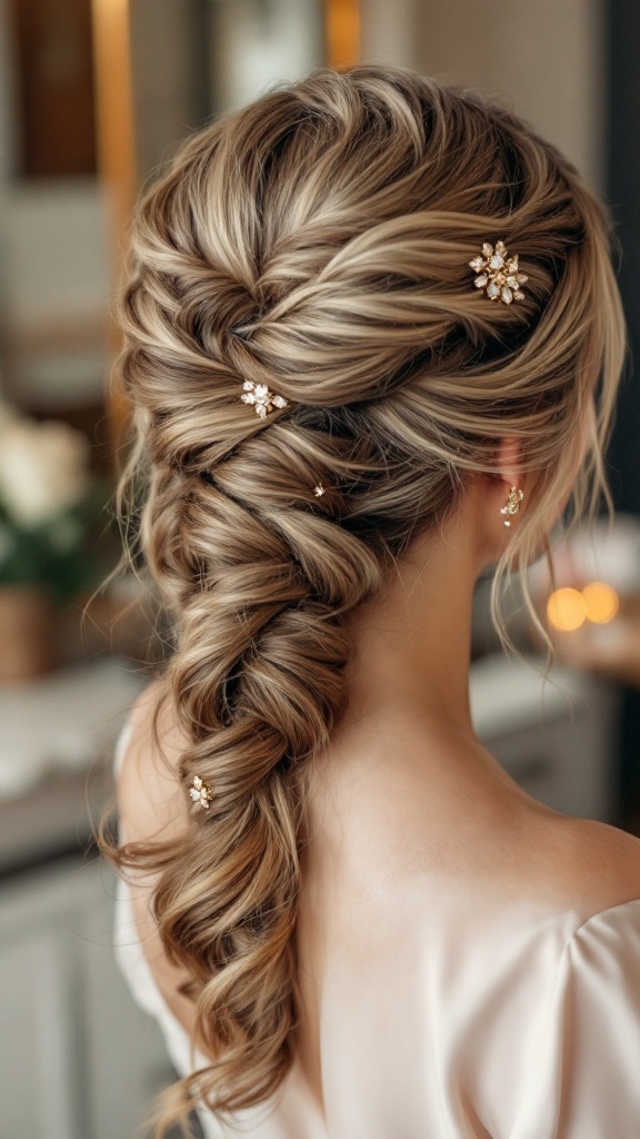 A hairstyle featuring a low twist adorned with decorative hairpins, suitable for medium hair.