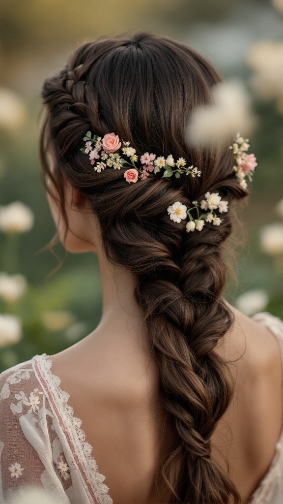 A close-up of a woman with long hair styled in an elegant side braid adorned with flowers.