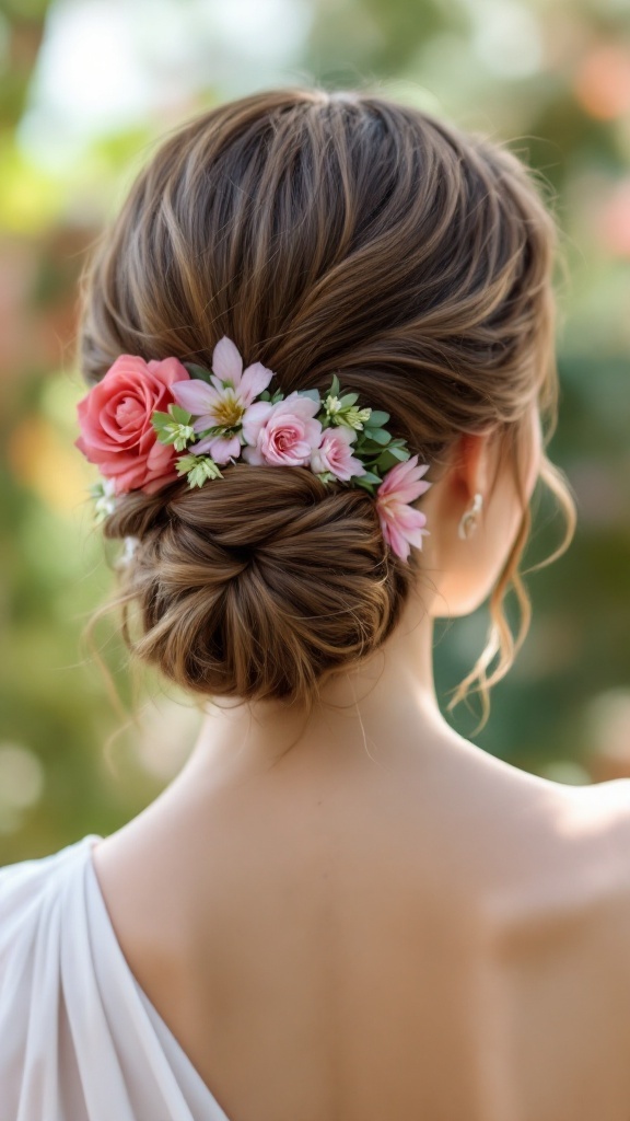 Side bun hairstyle with pink flowers for bridesmaids