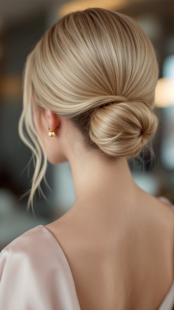 A woman with long blonde hair styled in an elegant sleek bun, showcasing a polished and smooth look.