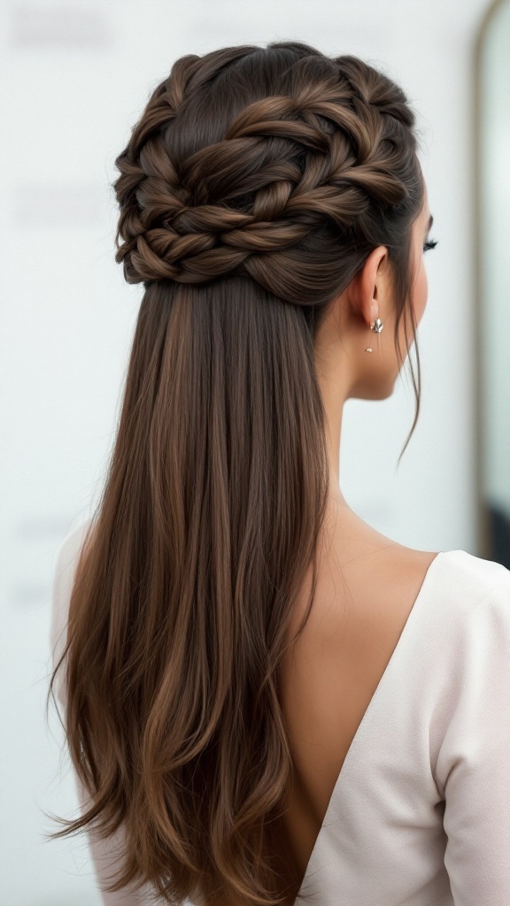 A hairstyle featuring straight hair styled half up with intricate braids and the rest flowing down.