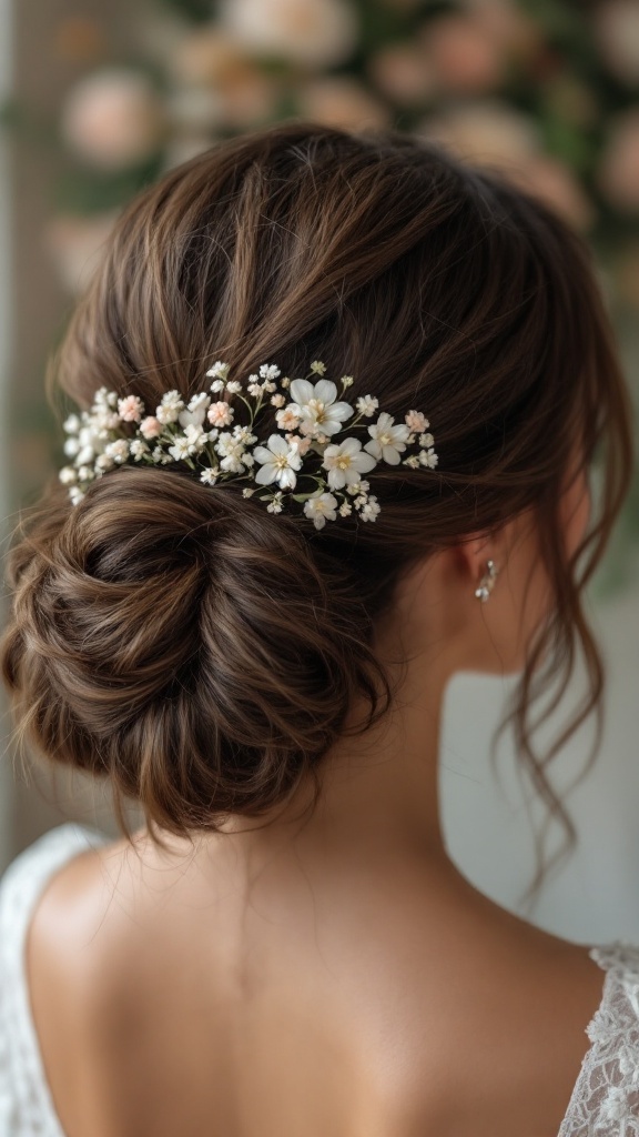 A close-up of a stylish tousled bun adorned with small white and pink flowers, showcasing a romantic wedding hairstyle.