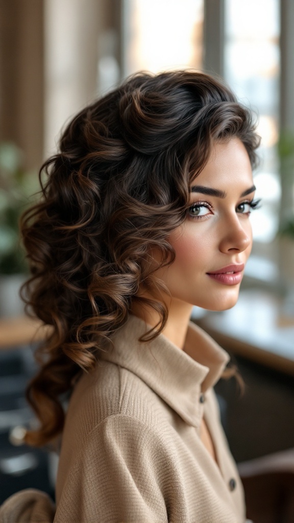 Woman with elegant tucked curls, showcasing a polished hairstyle