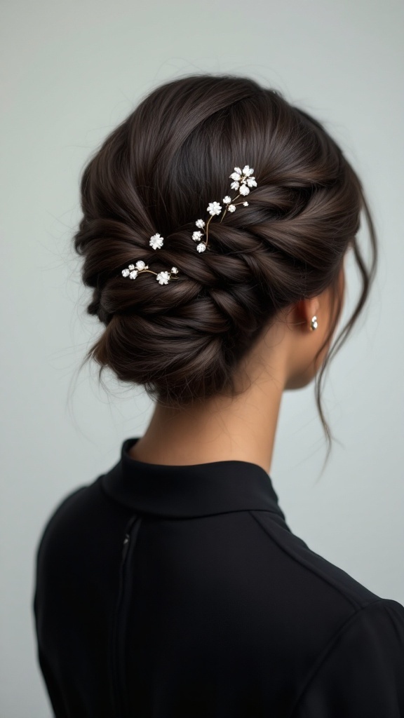 A woman's hairstyle featuring an elegant twist adorned with crystal hairpins, showcasing sophistication.