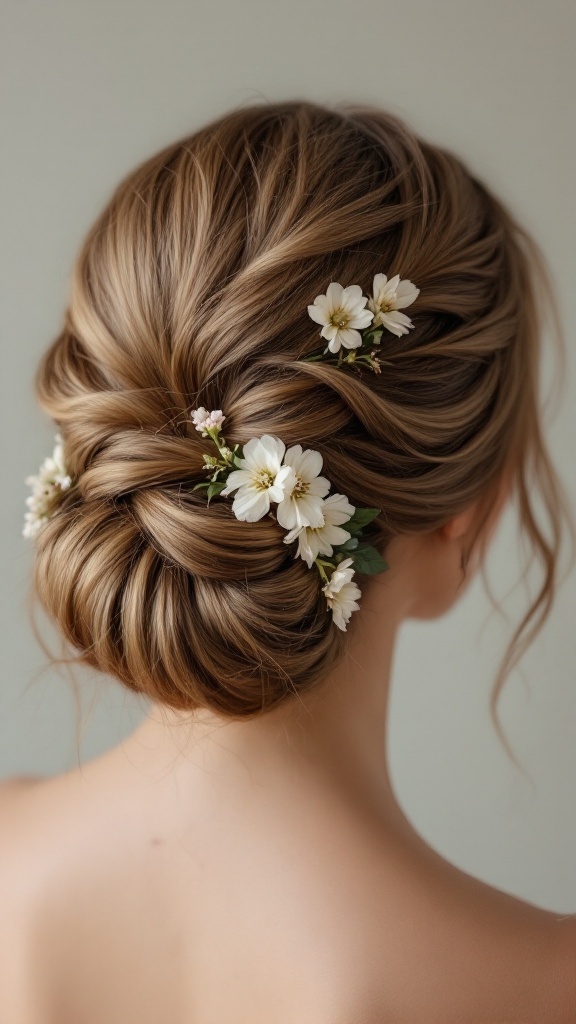 A twisted bun hairstyle for long hair decorated with white flowers.