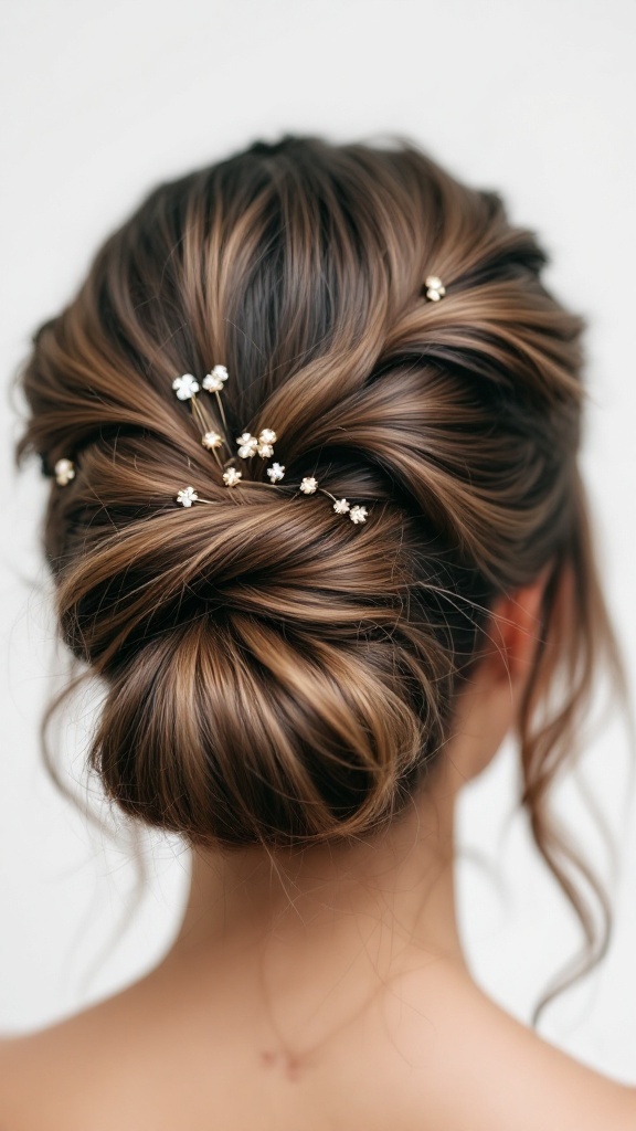 A woman with a twisted half up bun hairstyle adorned with small flower accessories.