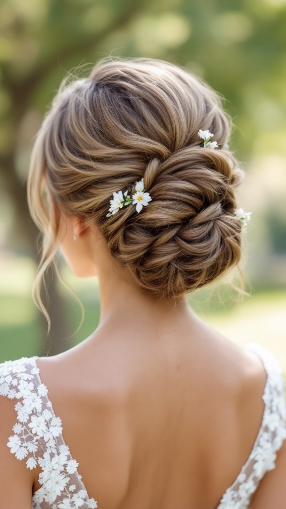 A woman showing a twisted half updo hairstyle, decorated with small white flowers, wearing a lace dress