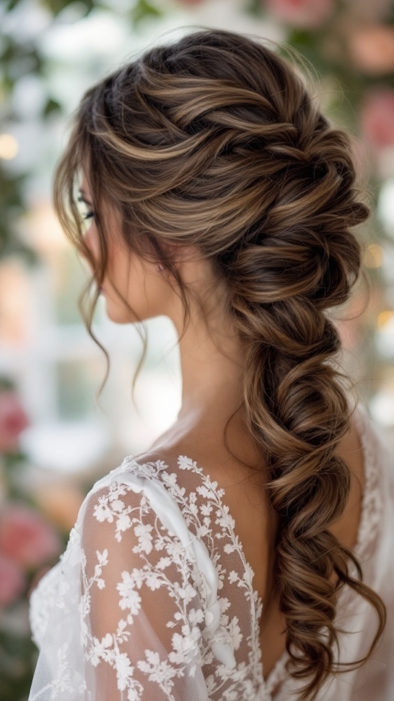 A woman with a twisted ponytail hairstyle, showcasing loose curls and a romantic look.