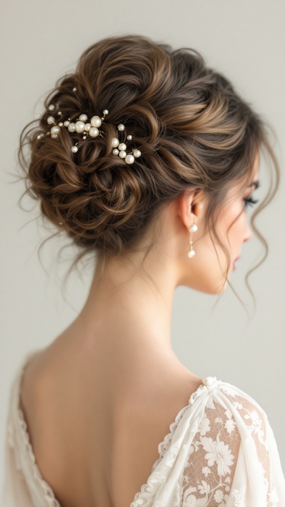 An elegant updo hairstyle for short hair, adorned with pearls.