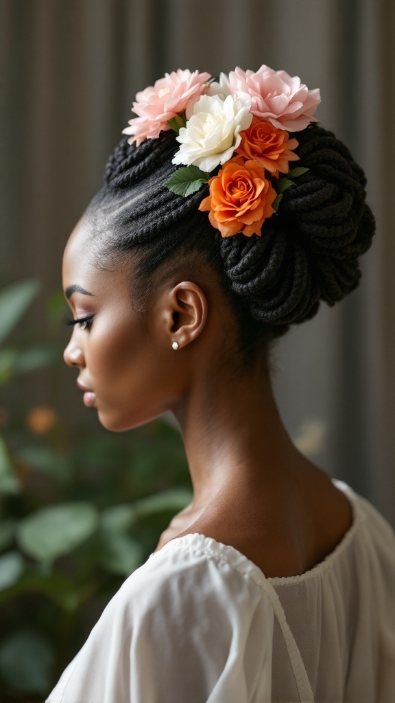 A woman with crochet twists styled in an updo, adorned with colorful flowers.