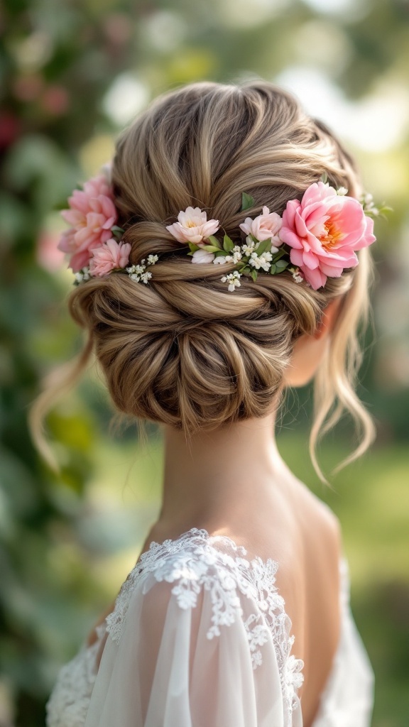 A beautiful elegant updo hairstyle with floral accents, featuring soft pink and white flowers, perfect for a summer wedding.