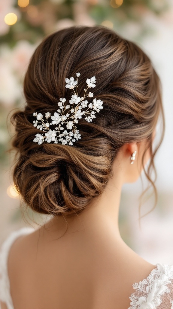 A beautiful updo hairstyle featuring a twisted bun with delicate white flower accessories.