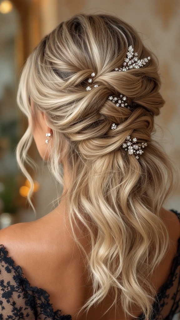 A beautiful updo hairstyle featuring intricate twists and decorative hairpins, showcasing elegance and style.