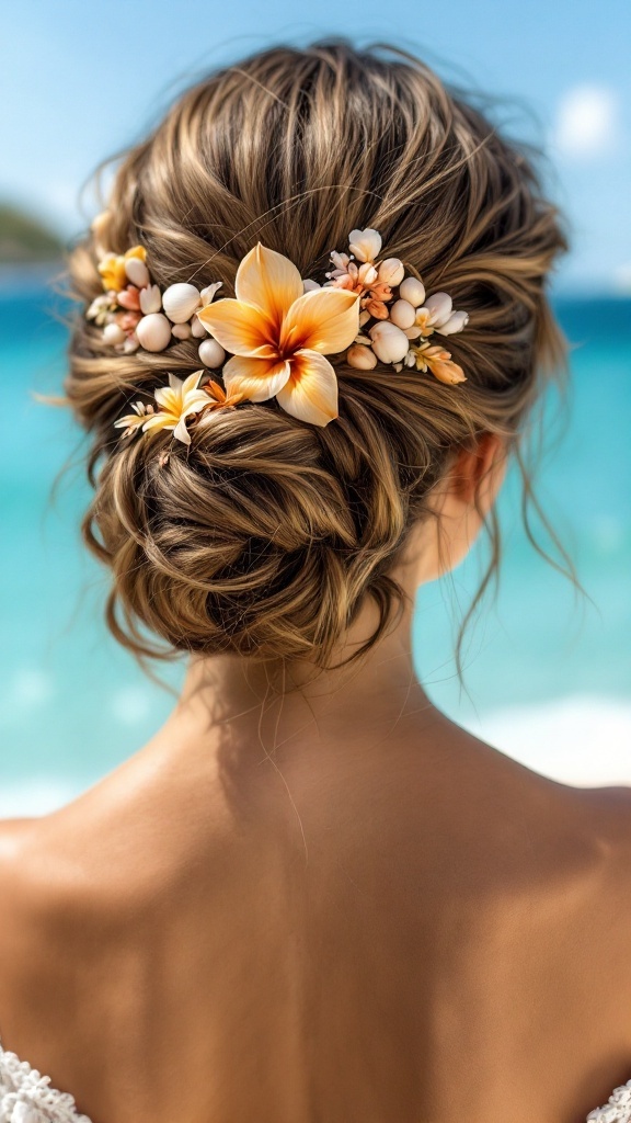 A beautiful updo hairstyle adorned with seashells and flowers, set against a beach backdrop.