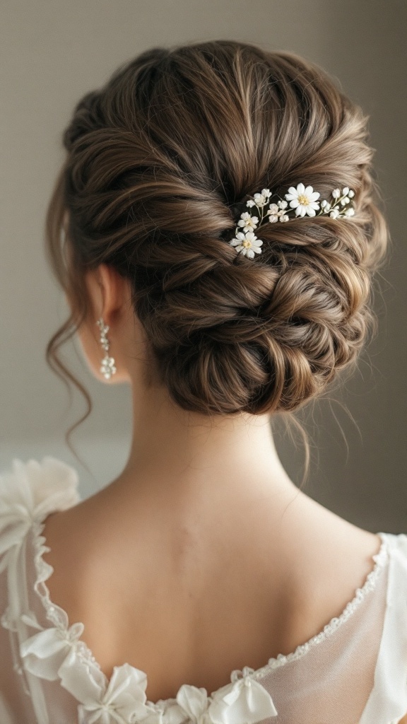 A stylish updo hairstyle with twists, adorned with small floral accessories.