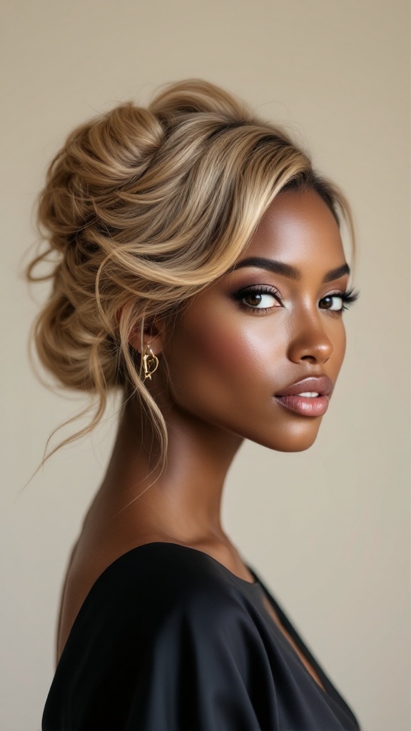 A woman with honey blonde layered updo on dark skin, showcasing an elegant hairstyle with soft curls.