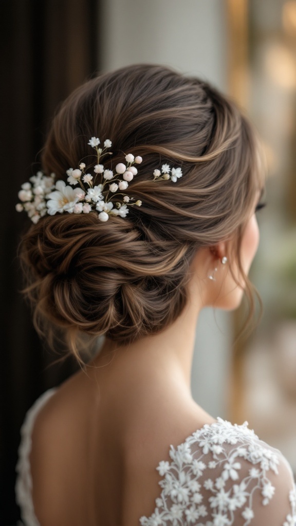 Close-up of an elegant updo hairstyle with floral accents, perfect for the mother of the bride.