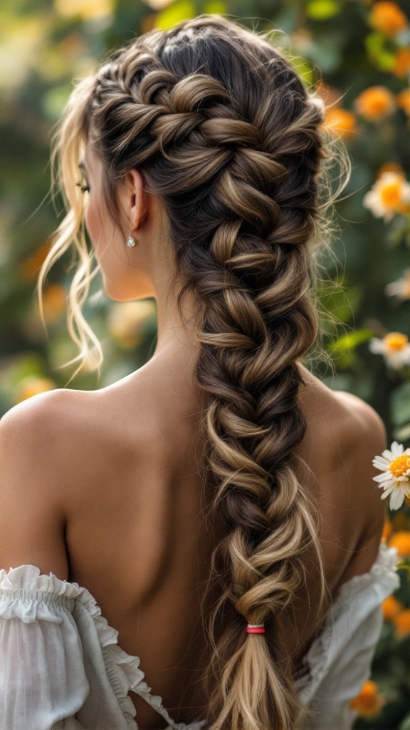 A close-up of a woman with a waterfall braid, showcasing the intricate style against a background of flowers.