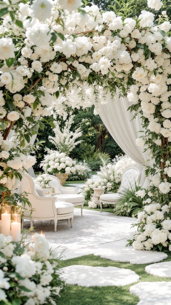A beautiful garden setting for a bridal shower featuring an arch of white flowers and elegant seating