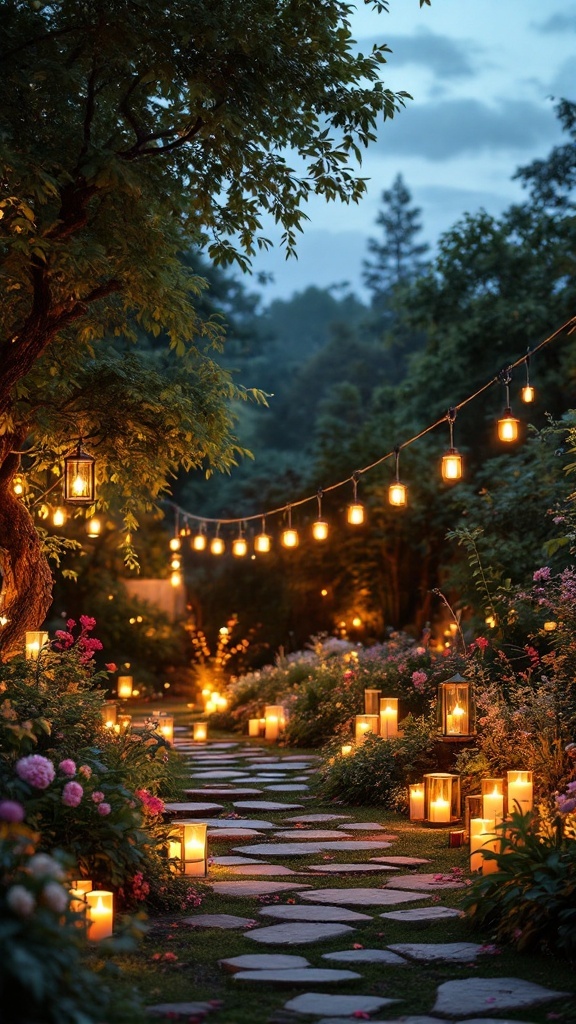 A beautifully lit garden path with lanterns, flowers, and a cozy atmosphere for a bridal shower.